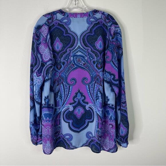 Jones NY blue purple pleated chiffon lightweight abstract button front top XL - Picture 7 of 7